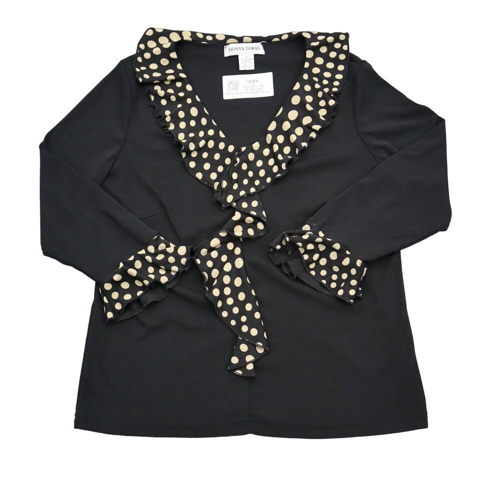 Donna Toran Shirt Womens S Black V Neck Ruffled Quarter Sleeve Pullover Top